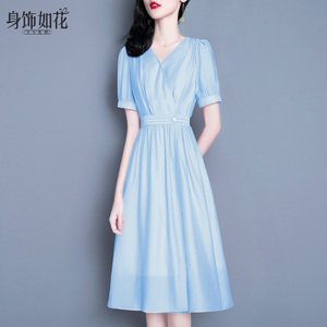 2026夏季新款淑女装修身显瘦气质名媛a字裙中长款短袖蓝色连衣裙