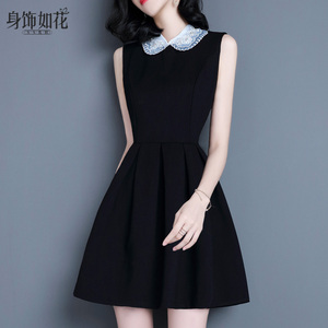 气质娃娃领连衣裙2025春秋新款淑女修身A字黑色无袖背心裙小黑裙