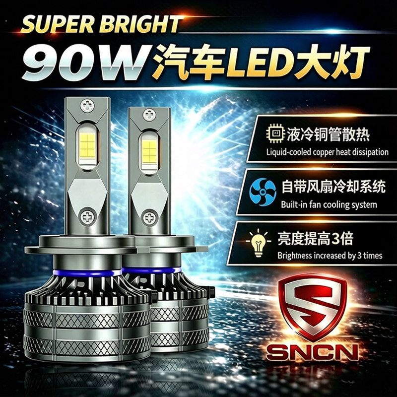 SNCN超亮汽车LED大灯H7H11H4远近光一体真90W白光液冷铜管散热
