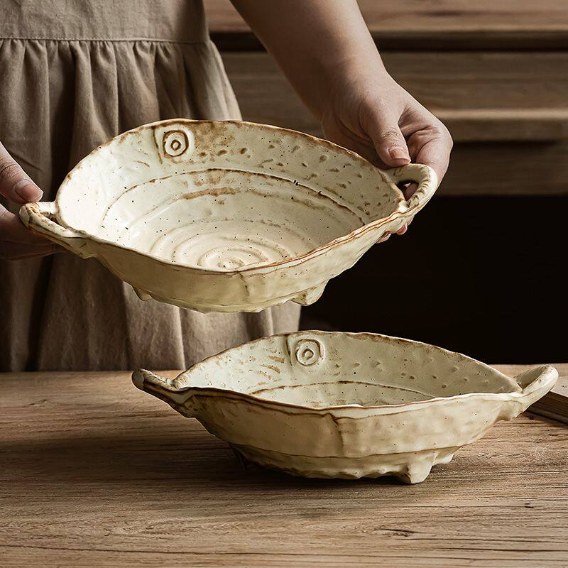 日式高颜值手作粗陶家用双耳盘简约复古做旧沙拉盘菜盘民宿餐具