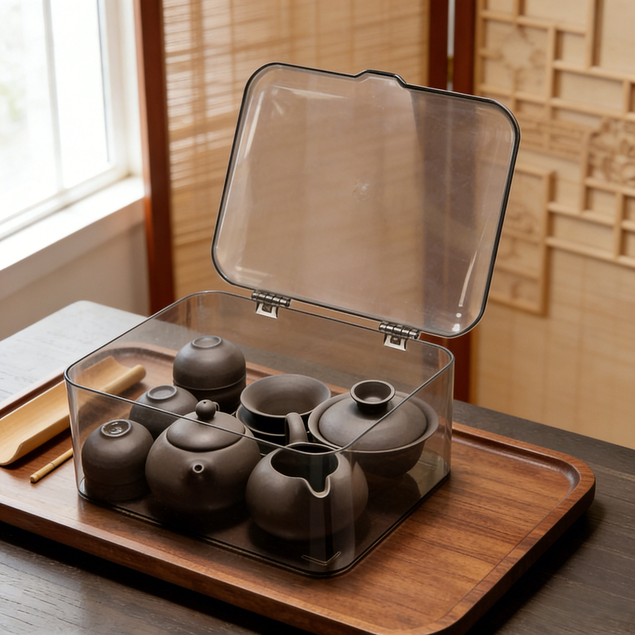 日式茶具收纳盒带盖防尘轻奢多功能桌面整理箱茶杯存放茶壶置物架,收纳整理,茶具收纳盒,淘宝优惠券,粉丝福利购,淘宝优惠卷