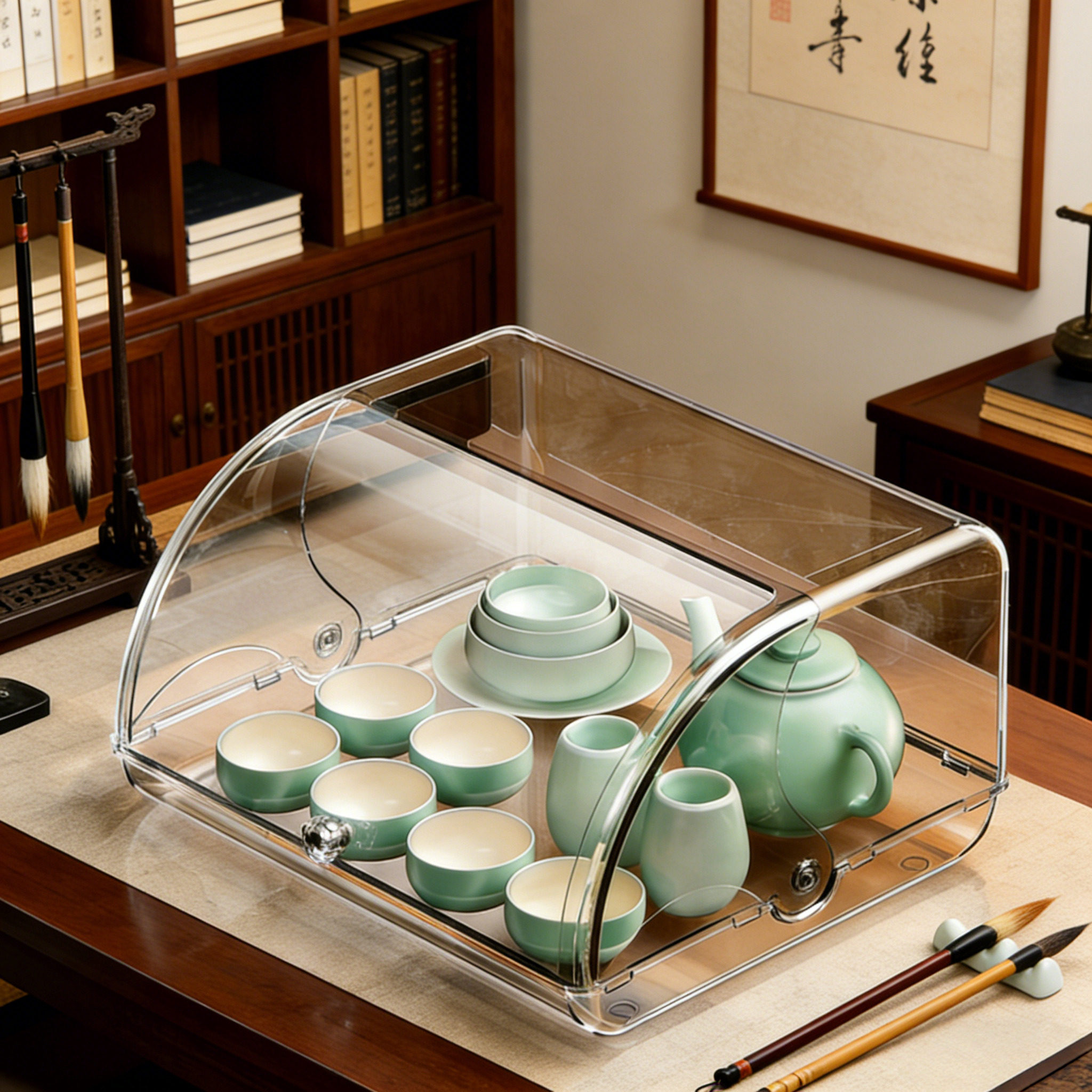 日本茶具收纳盒翻盖式透明防尘装放功夫茶杯酒杯整理箱茶壶置物柜,收纳整理,茶具收纳盒,淘宝优惠券,粉丝福利购,淘宝优惠卷