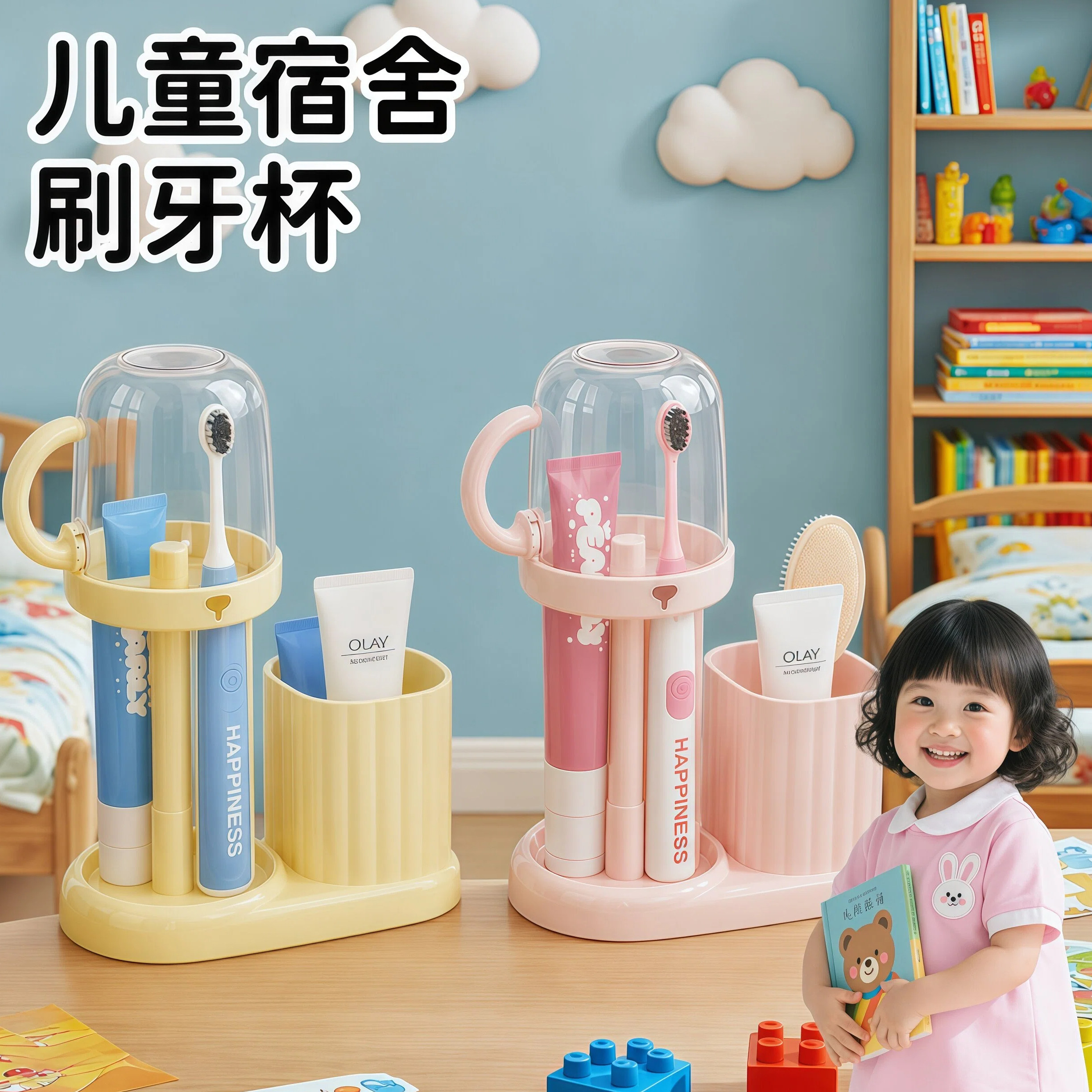 儿童女孩宿舍带盖漱口杯