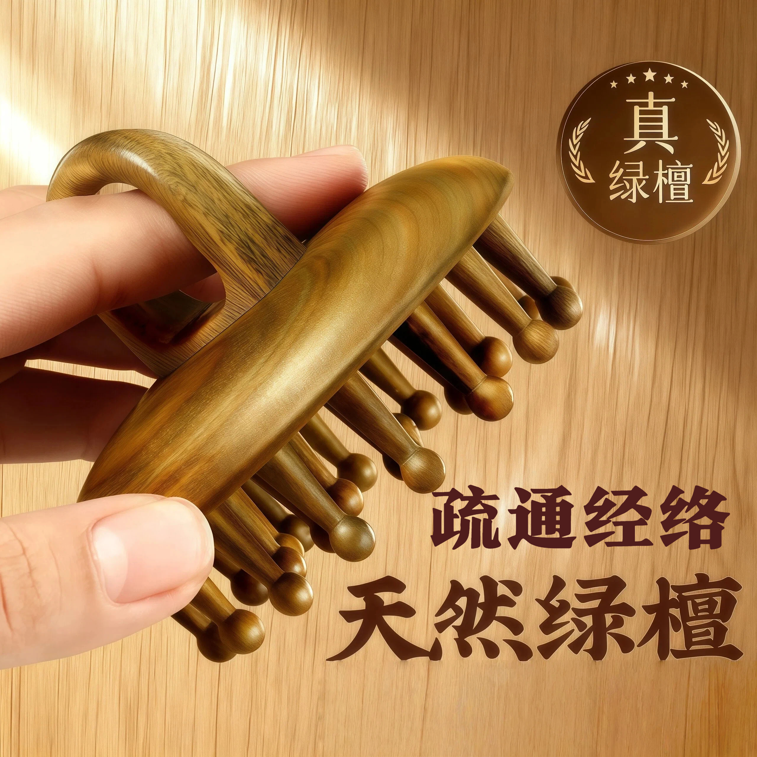 天然绿檀木按摩梳子头皮经络梳