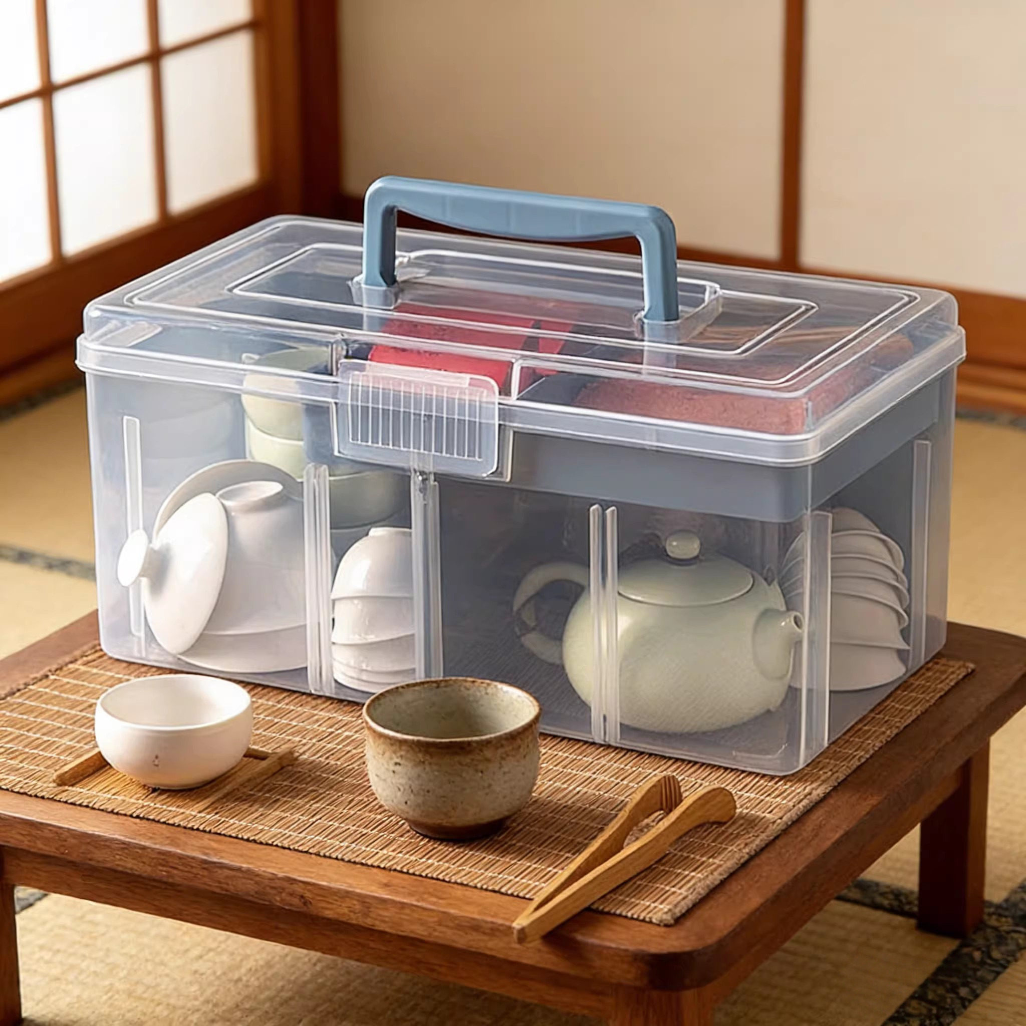 日本茶具收纳盒桌面茶杯水杯茶叶包分格盒长方形透明防尘整理箱子,收纳整理,茶具收纳盒,淘宝优惠券,粉丝福利购,淘宝优惠卷