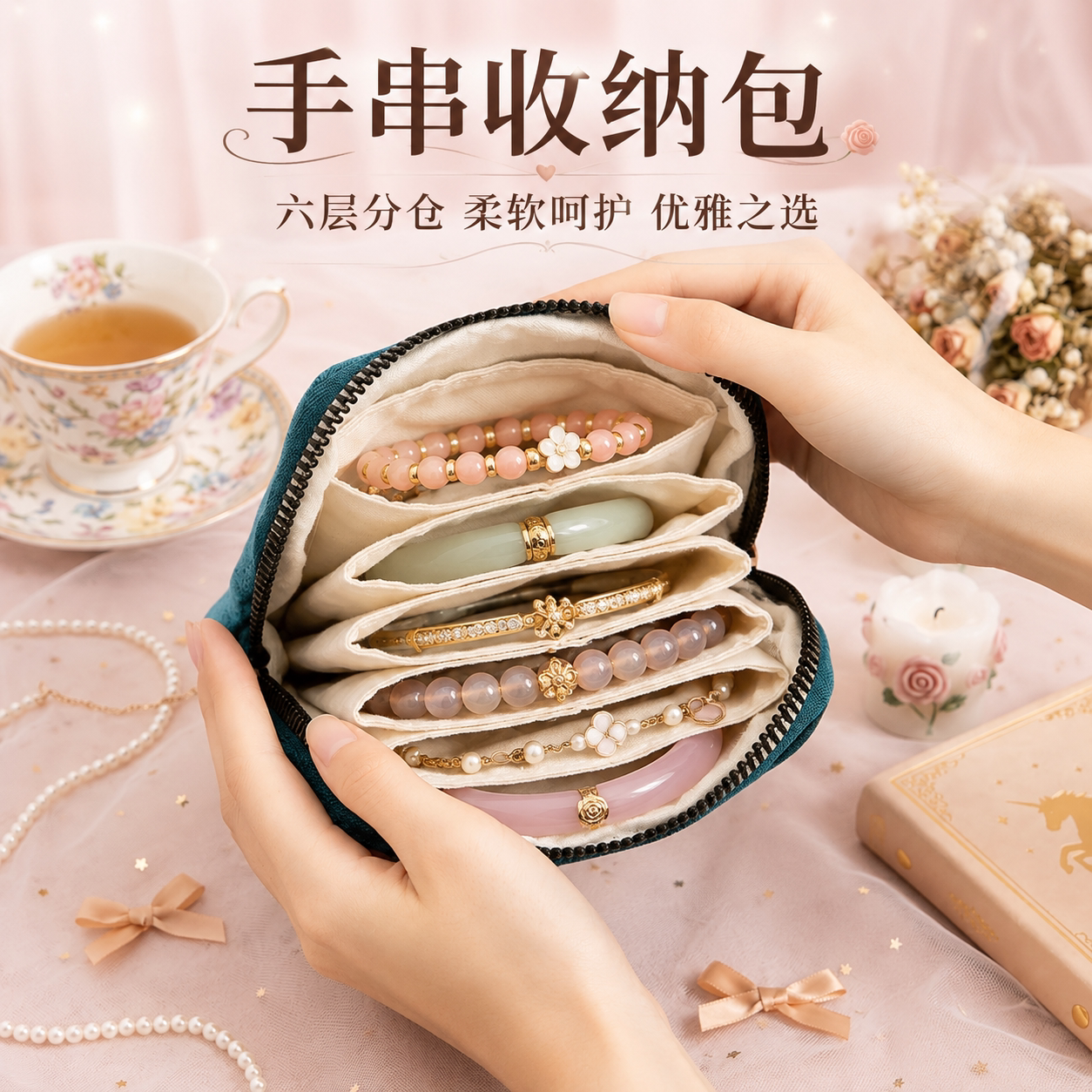 手串收纳包高档精致绒布多层图片