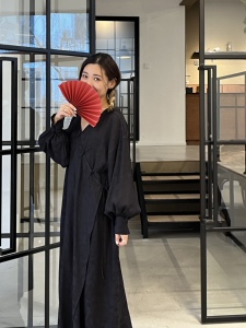 优雅知性 醋酸天丝哑光提花镂空V领盘扣原创新中式宽松袍子连衣裙