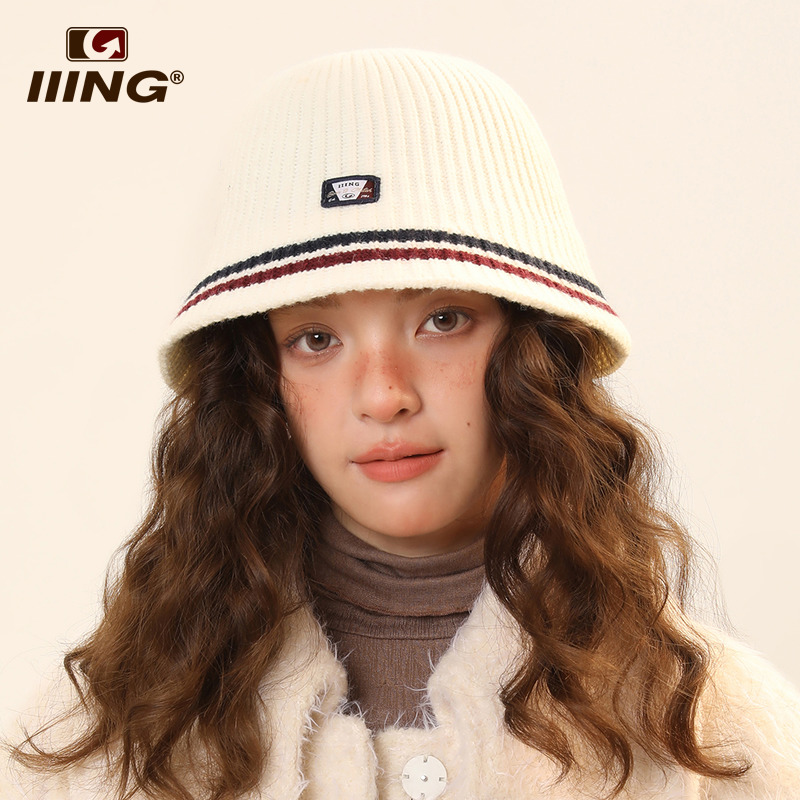 IIING帽控 经典英伦风条纹羊绒针织渔夫帽子女冬百搭显脸小水桶帽