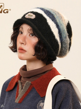 IIING帽控 复古条纹拼色卷边针织堆堆帽女秋冬显脸小百搭冷帽子潮