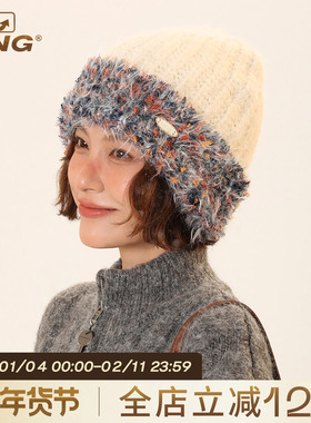 IIING帽控 双拼色护耳针织帽女秋冬季帽子女显脸小加厚保暖毛线帽