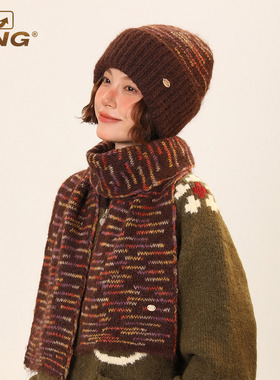 IIING帽控 软糯彩色针织帽女秋冬保暖复古时尚百搭帽子围脖二件套