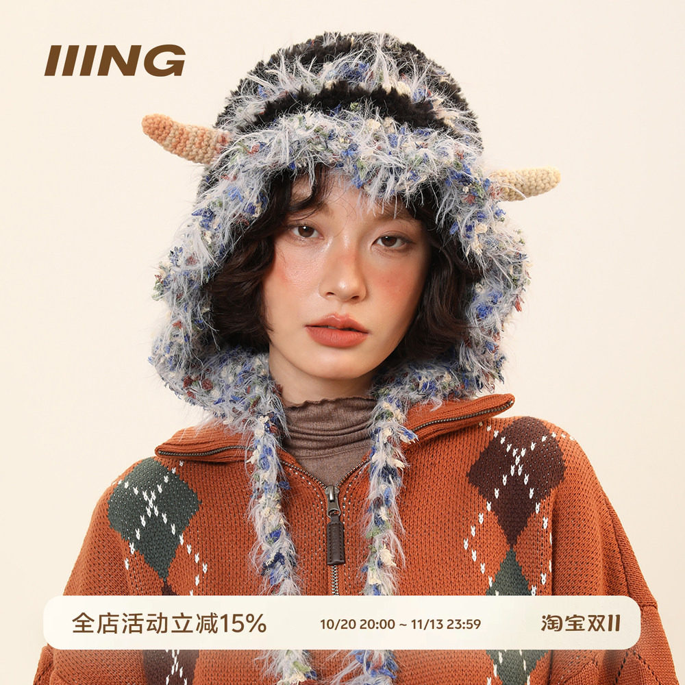 毛绒绒可爱羊角混色辫子雷锋帽小怪兽搞怪帽子女冬保暖针织护耳帽