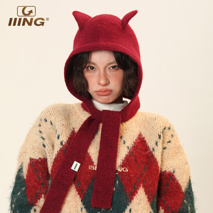 IIING帽控 可爱精灵耳朵针织帽女冬保暖护耳显脸小系带巴拉法克帽