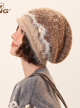 IIING帽控 堆堆帽女2025秋冬季新款保暖护耳时尚慵懒风撞色冷帽子