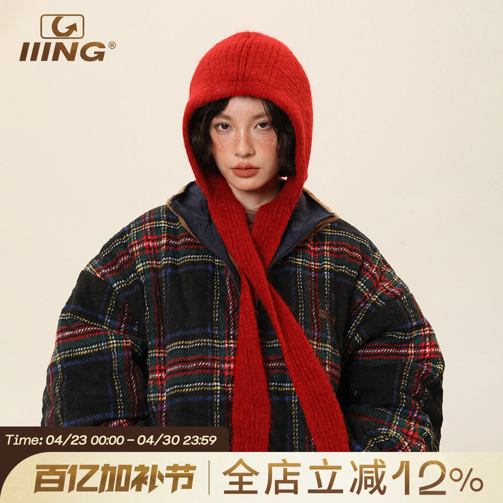 IIING帽控 红色针织帽女秋冬加厚保暖护耳毛线帽子围巾一体含羊毛