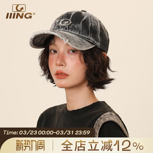 IIING帽控 可戴显脸小棒球帽潮 复古水洗做旧牛仔鸭舌帽子男女四季