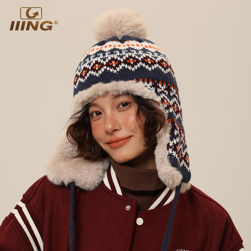 IIING帽控民族风拼色针织雷锋帽
