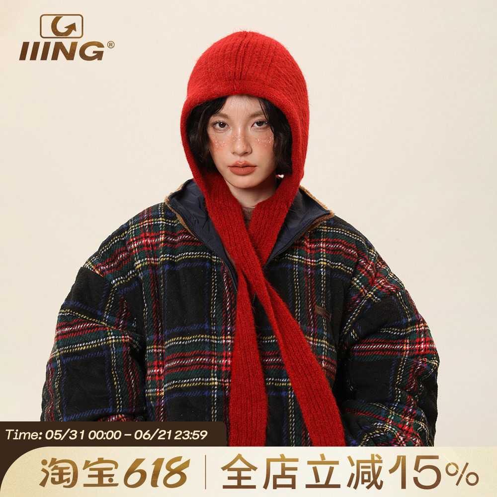 IIING帽控 红色针织帽女秋冬加厚保暖护耳毛线帽子围巾一体含羊毛