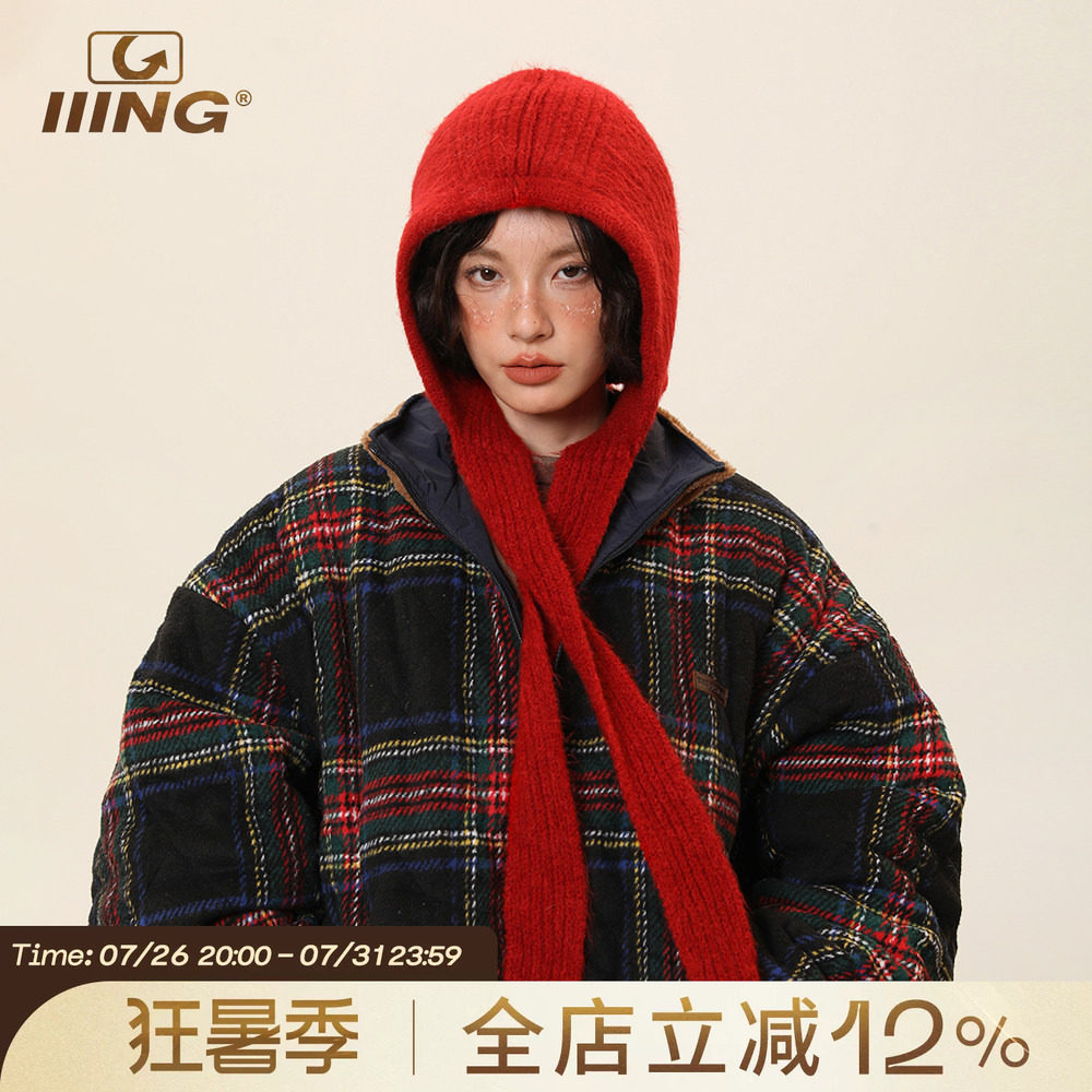 IIING帽控 红色针织帽女秋冬加厚保暖护耳毛线帽子围巾一体含羊毛