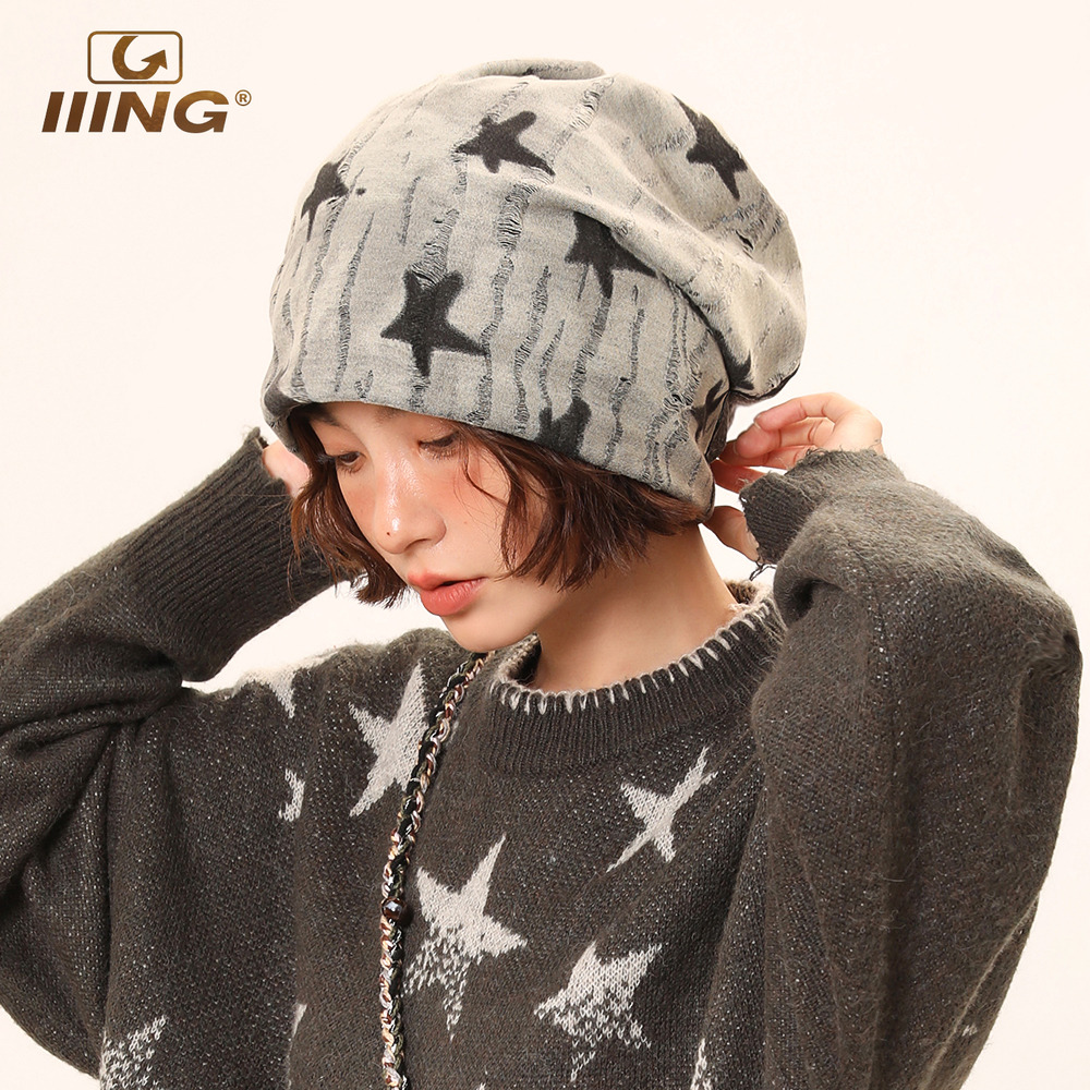 复古做旧星星破洞显脸小堆堆帽