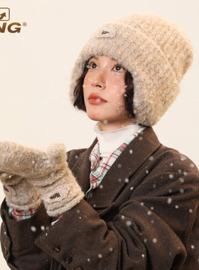 IIING帽控 羊毛护耳针织帽子手套两件套秋冬季保暖显脸小毛线帽女