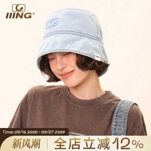 IIING帽控水洗牛仔蓝遮阳渔夫帽