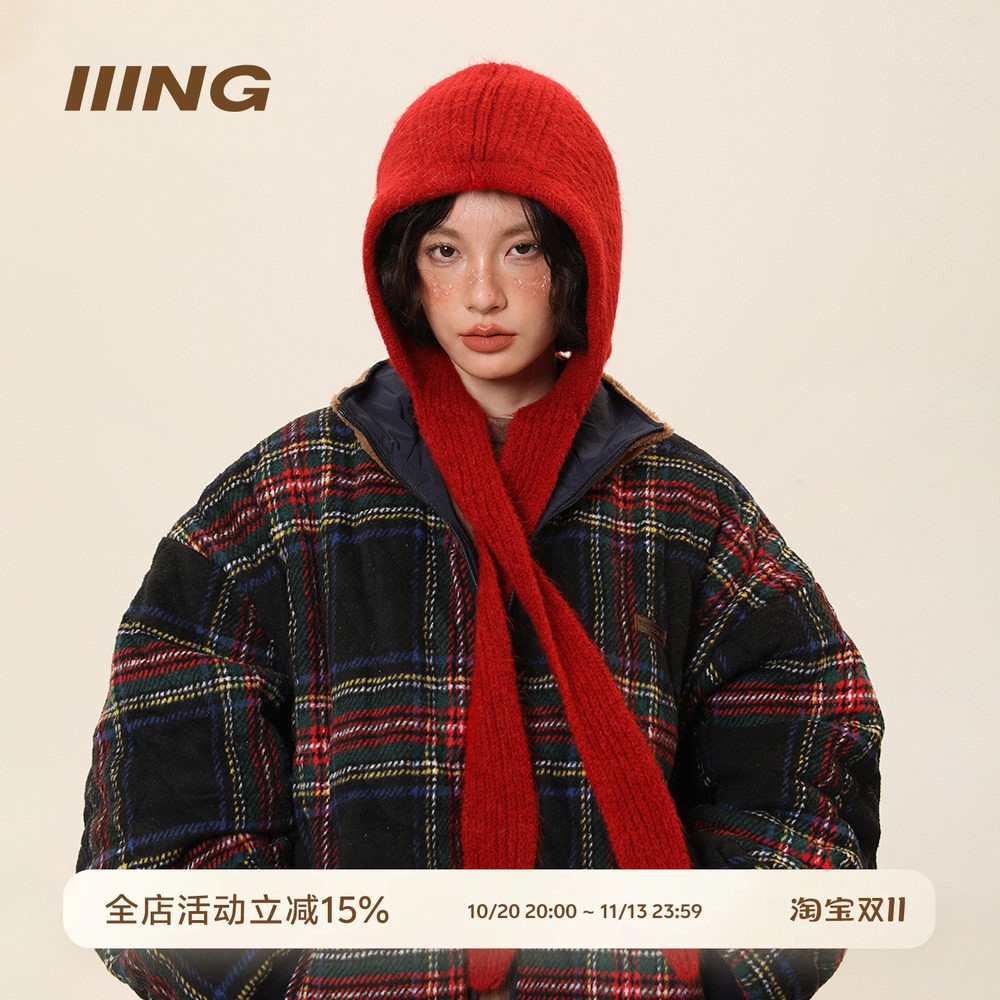 IIING帽控 红色针织帽女秋冬加厚保暖护耳毛线帽子围巾一体含羊毛