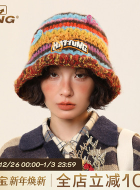 IIING帽控 彩虹条纹针织渔夫帽女秋冬保暖显脸小帽子大头围毛线帽