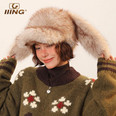 IIING帽控 复古毛绒绒兔子耳朵鸭舌帽女秋冬季 保暖百搭显脸小帽子