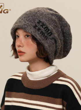 IIING帽控 羊毛混纺字母堆堆帽子女冬季显脸小保暖护耳包头帽冷帽