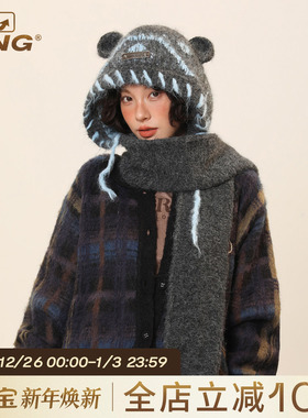 IIING帽控 可爱小熊耳朵帽子围巾一体秋冬保暖护耳含羊毛针织帽女