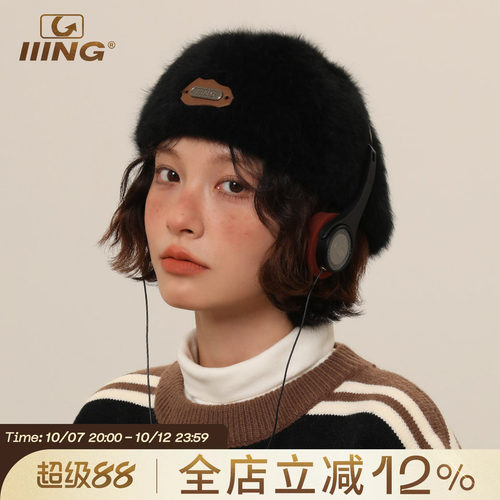 IIING帽控毛绒金属标贝雷帽