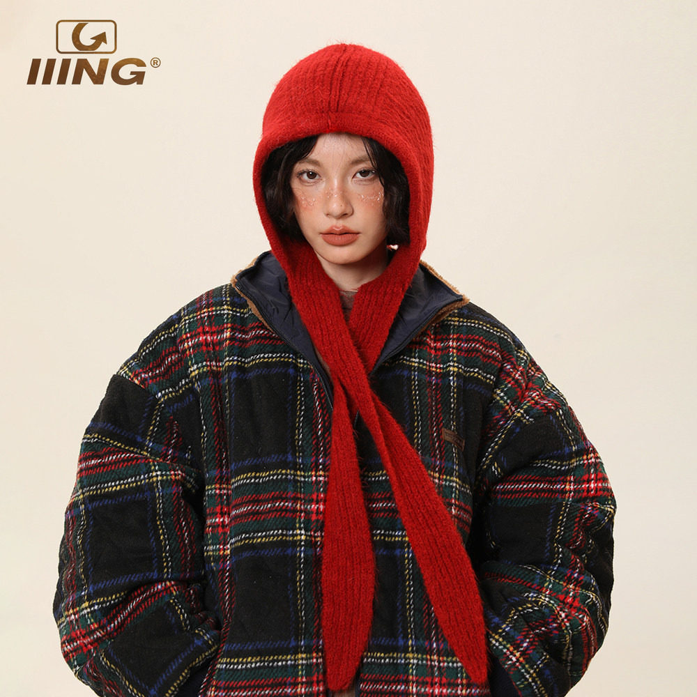 IIING帽控 红色针织帽女秋冬加厚保暖护耳毛线帽子围巾一体含羊毛