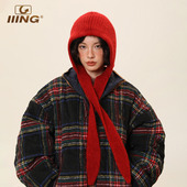 IIING帽控 红色针织帽女秋冬加厚保暖护耳毛线帽子围巾一体含羊毛