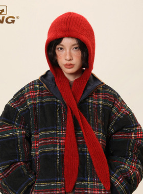 IIING帽控 红色针织帽女秋冬加厚保暖护耳毛线帽子围巾一体含羊毛