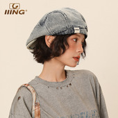 IIING帽控 复古牛仔贝雷帽女夏百搭水洗做旧大头围显脸小前进帽子