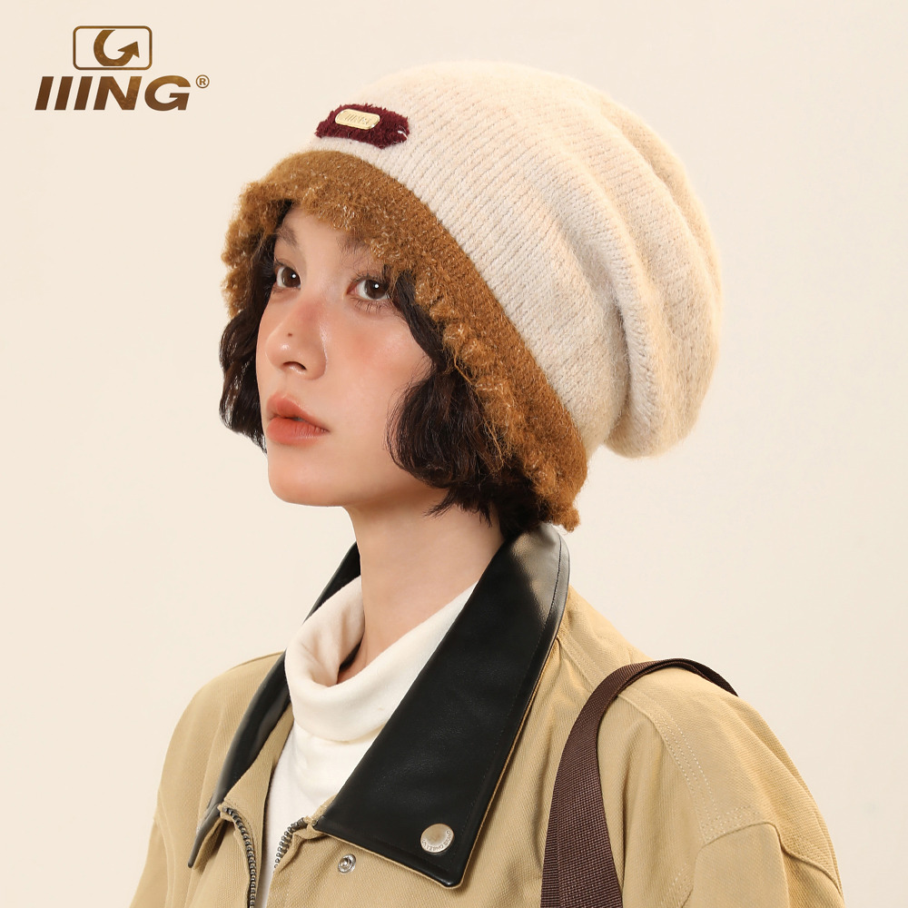 IIING帽控毛边撞色针织堆堆帽