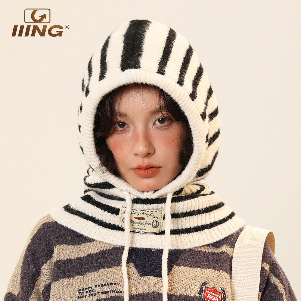 IIING帽控 巴拉克拉法帽子围脖一体秋冬保暖护耳条纹拼接针织帽女