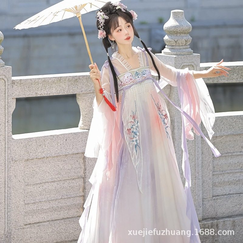新款改良夏季日常汉元素晕染印花对襟花瓣袖上襦国风少女连衣裙