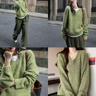 韩代订单~加厚显白海藻黄绿杂花纱 糯软宽松V领毛衣