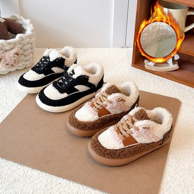 复古熊猫德训鞋2025冬季新款儿童加绒保暖毛毛鞋中大童板鞋学生鞋