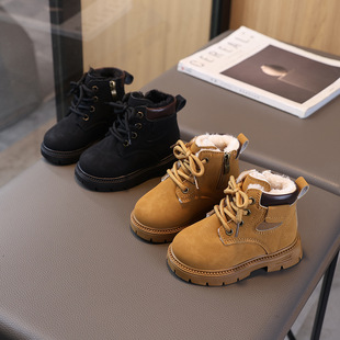冬季儿童马丁靴加绒棉靴保暖鞋女童宝宝短靴男童皮面小黄靴皮靴爆