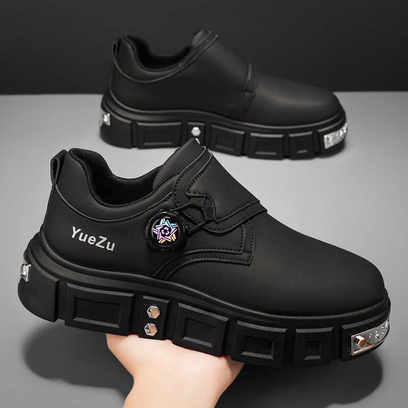 男鞋春季新款百搭黑色大头休闲鞋旋转纽扣厚底增高德比时尚潮鞋