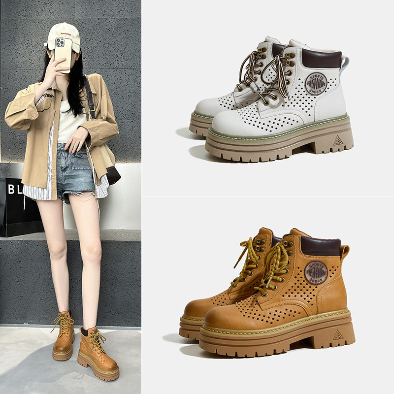 8CM镂空马丁靴女超火街拍网红潮鞋隐形内增高靴子登山徒步短筒靴