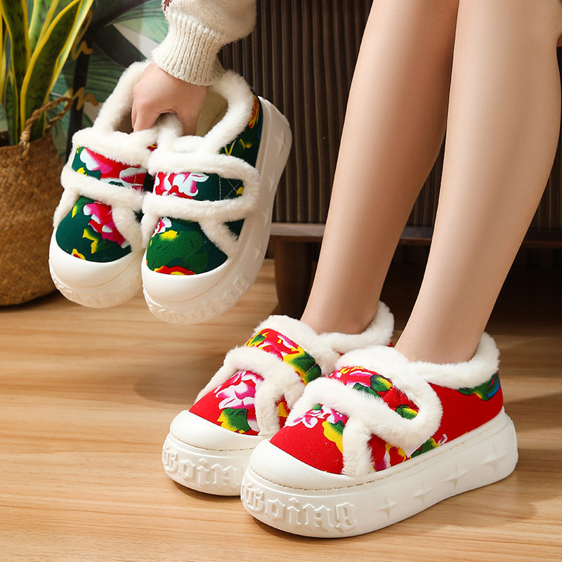冬季加绒保暖棉鞋女款居家室内外穿防滑厚底棉拖鞋包跟大花保暖鞋