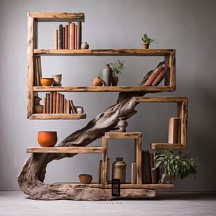 优选茶室博古架摆件侘寂风实木香樟木新中式O禅意置物架书架异形