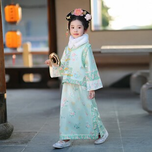 新款女童汉服清朝k格格亲子古装儿童满族马甲旗装清代贵妃宫廷风