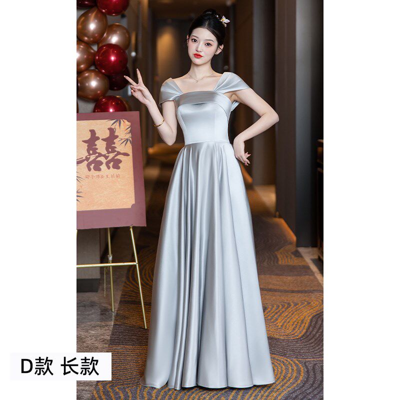 新款大尺码伴娘服k灰色缎面新款夏季闺蜜合唱团演出礼服裙胖