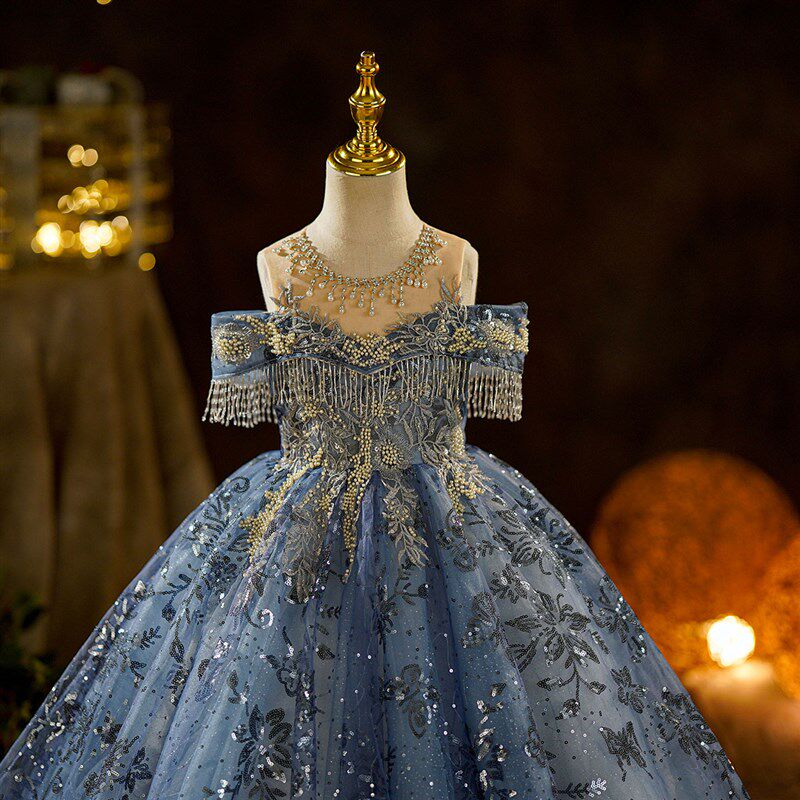 新品蓝色走秀钢琴表演幼儿园毕业主持人合唱O蓬蓬洋装公主裙演出