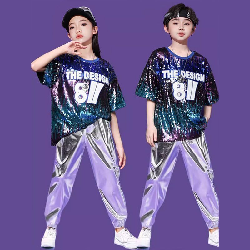 新品儿童啦啦队演出服男女童嘻哈街舞G架子鼓潮服现代爵士舞蹈亮